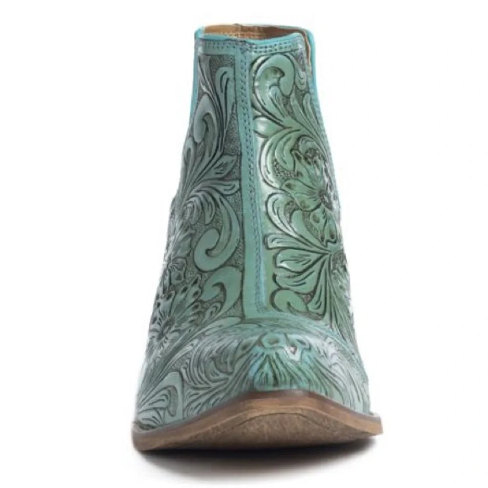 🔥Hand Tooled Genuine Leather Women Bootie Boot Boho Western Shoe Teal Turquoise - Picture 9 of 11